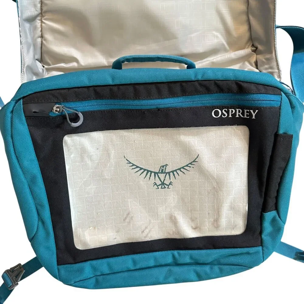 Osprey Teal Canvas Shoulder Laptop Bag Adjustable Strap Fleece Lined‎ Flaw Noted